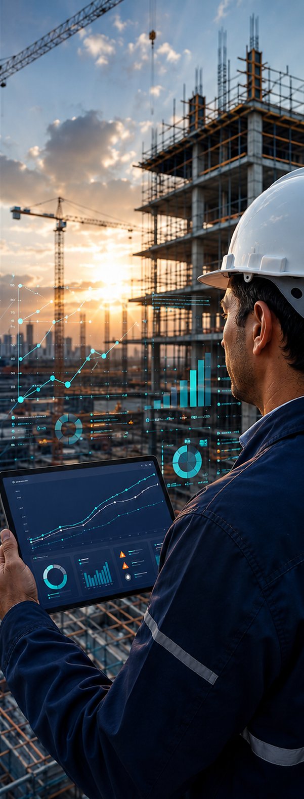 Profesional en una obra consultando indicadores de avance en una tableta
